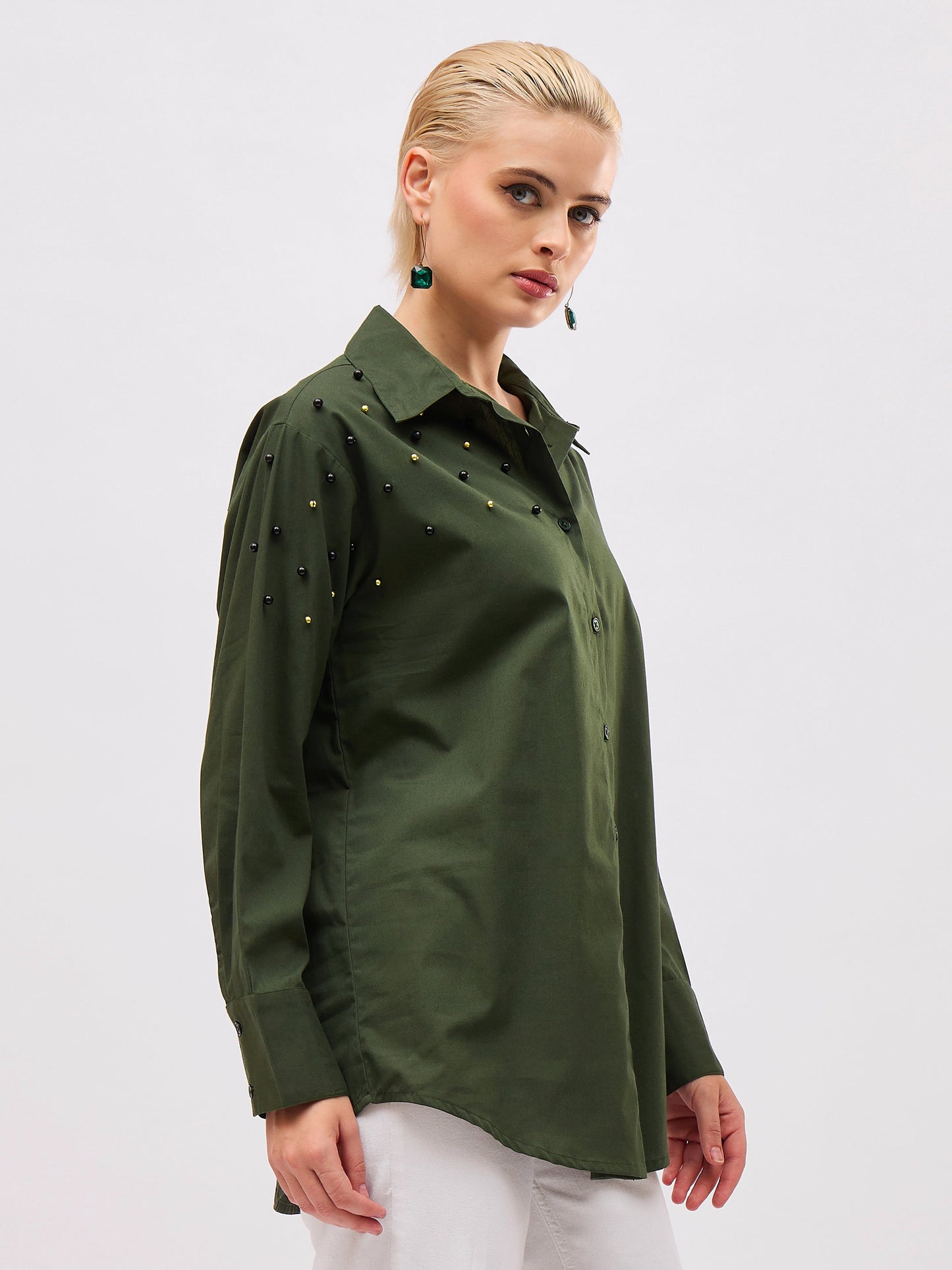 Olive Pearl Studded Regular Shirt