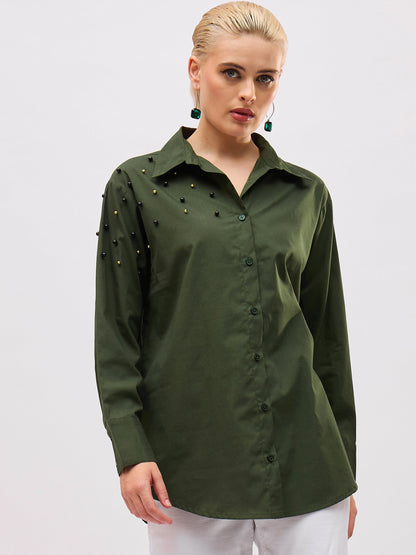 Olive Pearl Studded Regular Shirt