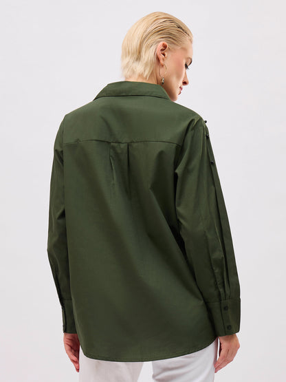 Olive Pearl Studded Regular Shirt