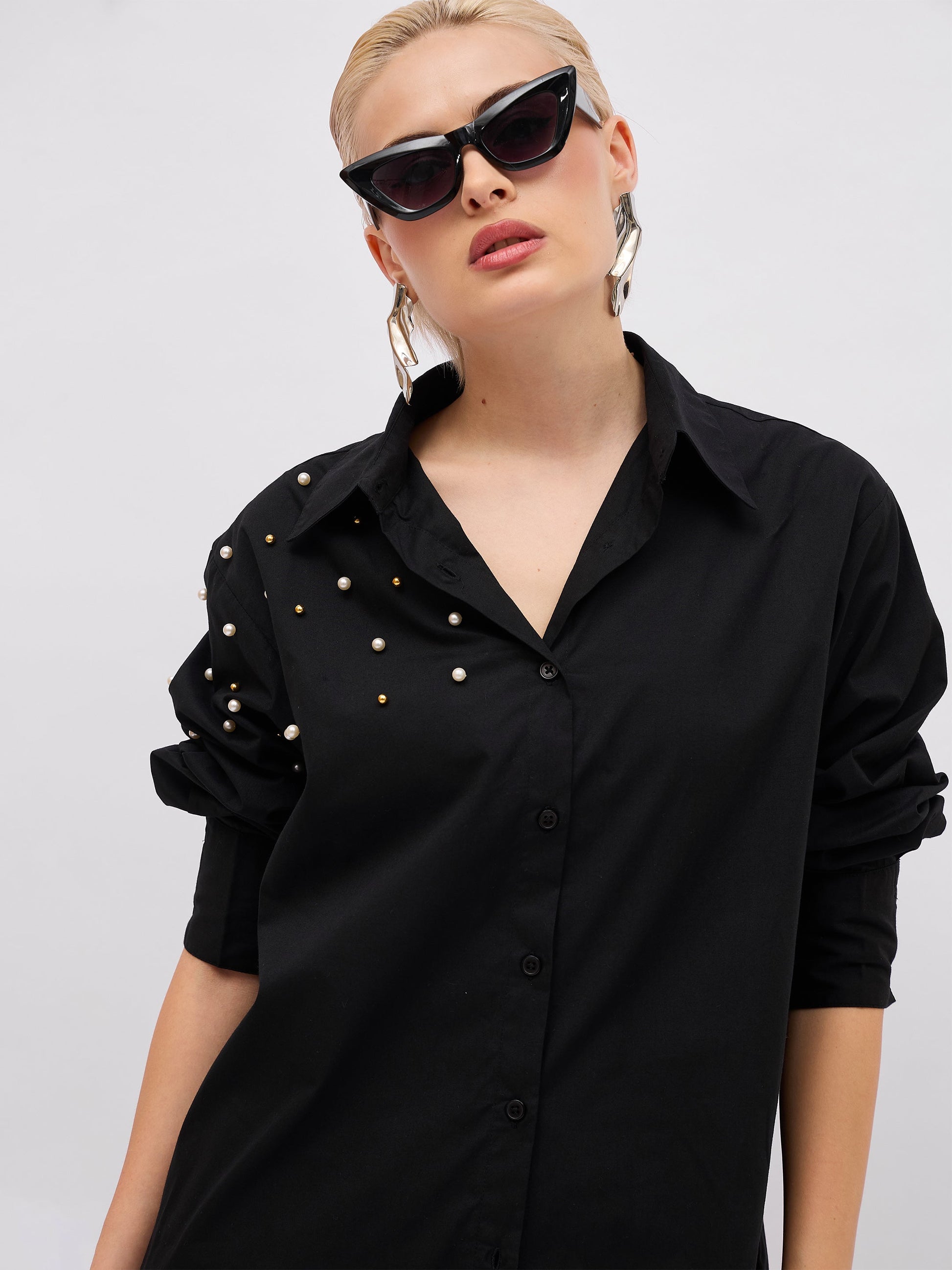 Women's Women Black Pearl Studded Regular Shirt in Polyester by Sassafras for wholesale, bulk, supplier, manufacturer and wholesaler buyers from Trendphoria