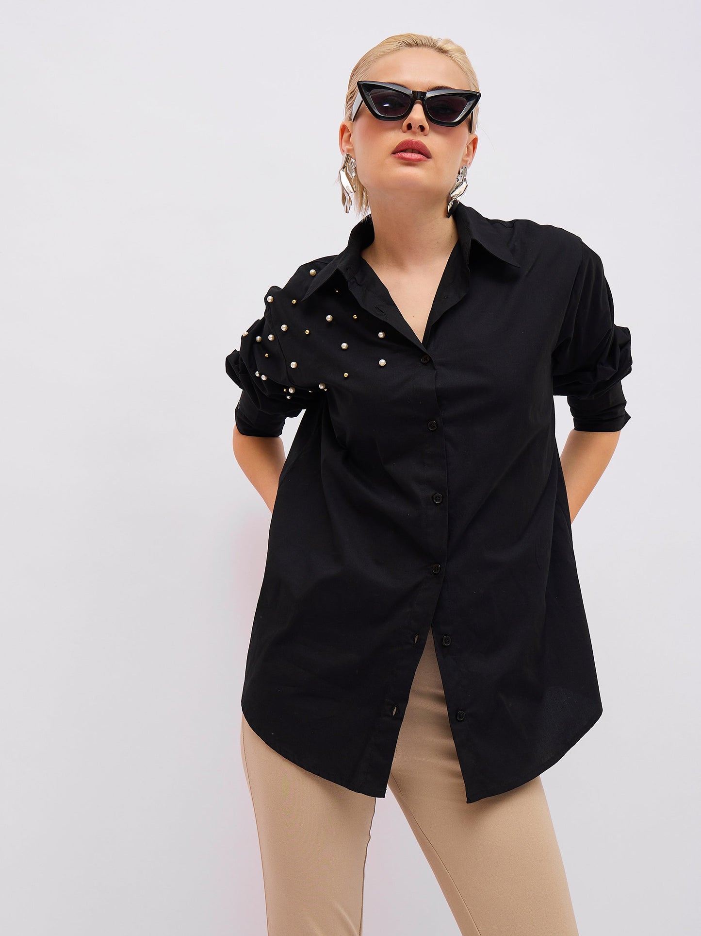Women Black Pearl Studded Regular Shirt