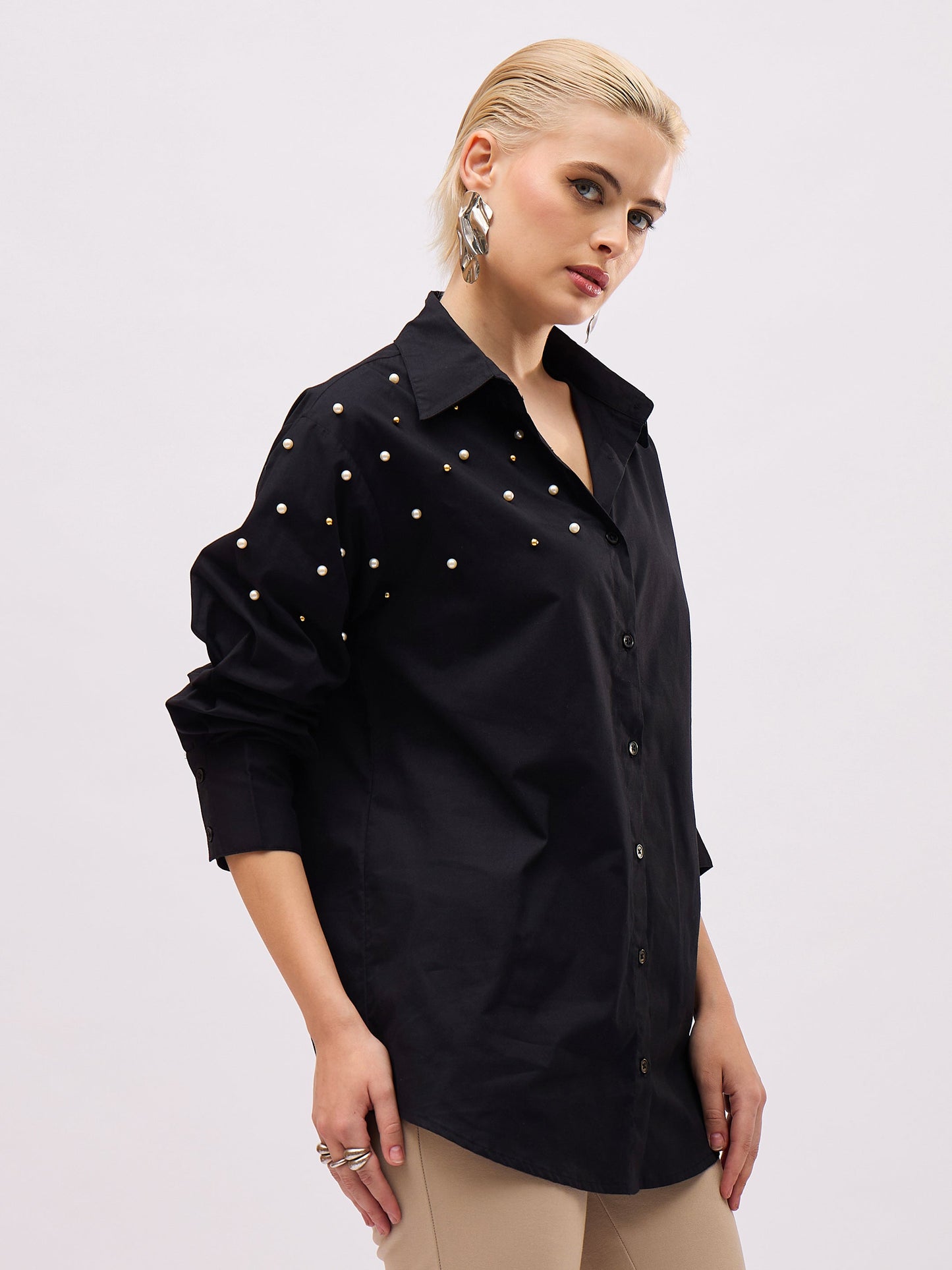 Women Black Pearl Studded Regular Shirt