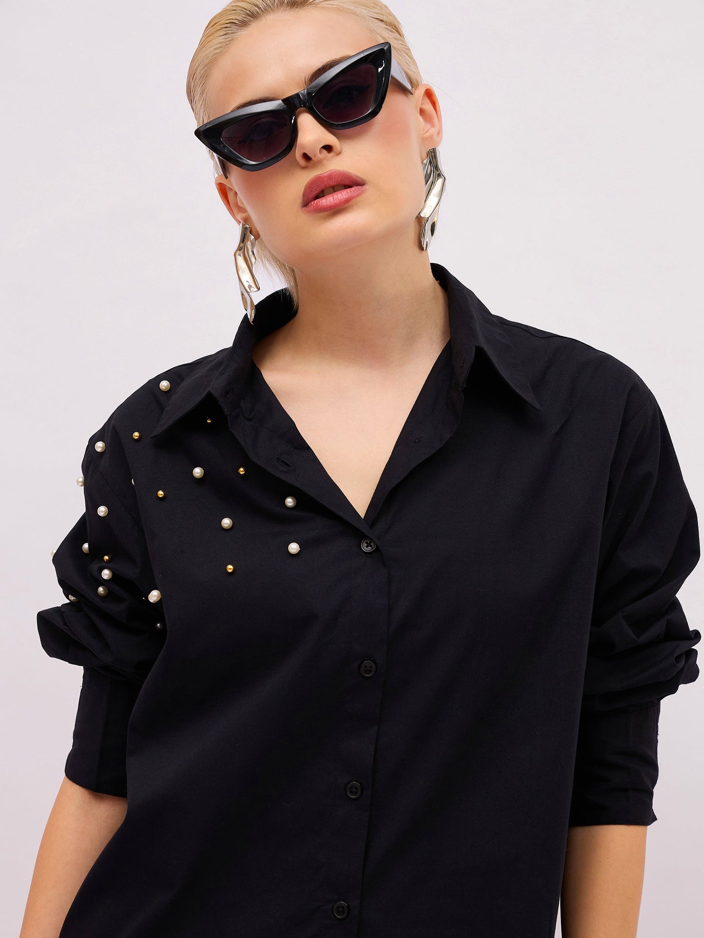 Women Black Pearl Studded Regular Shirt