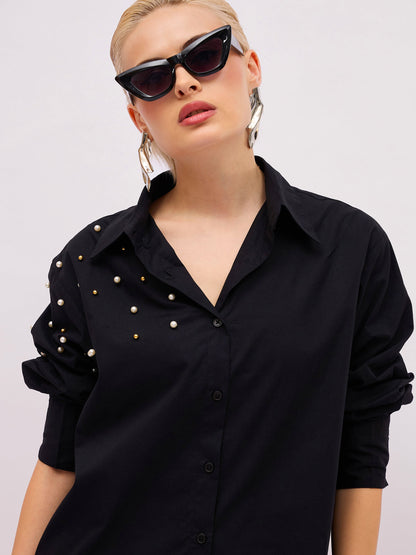 Women Black Pearl Studded Regular Shirt