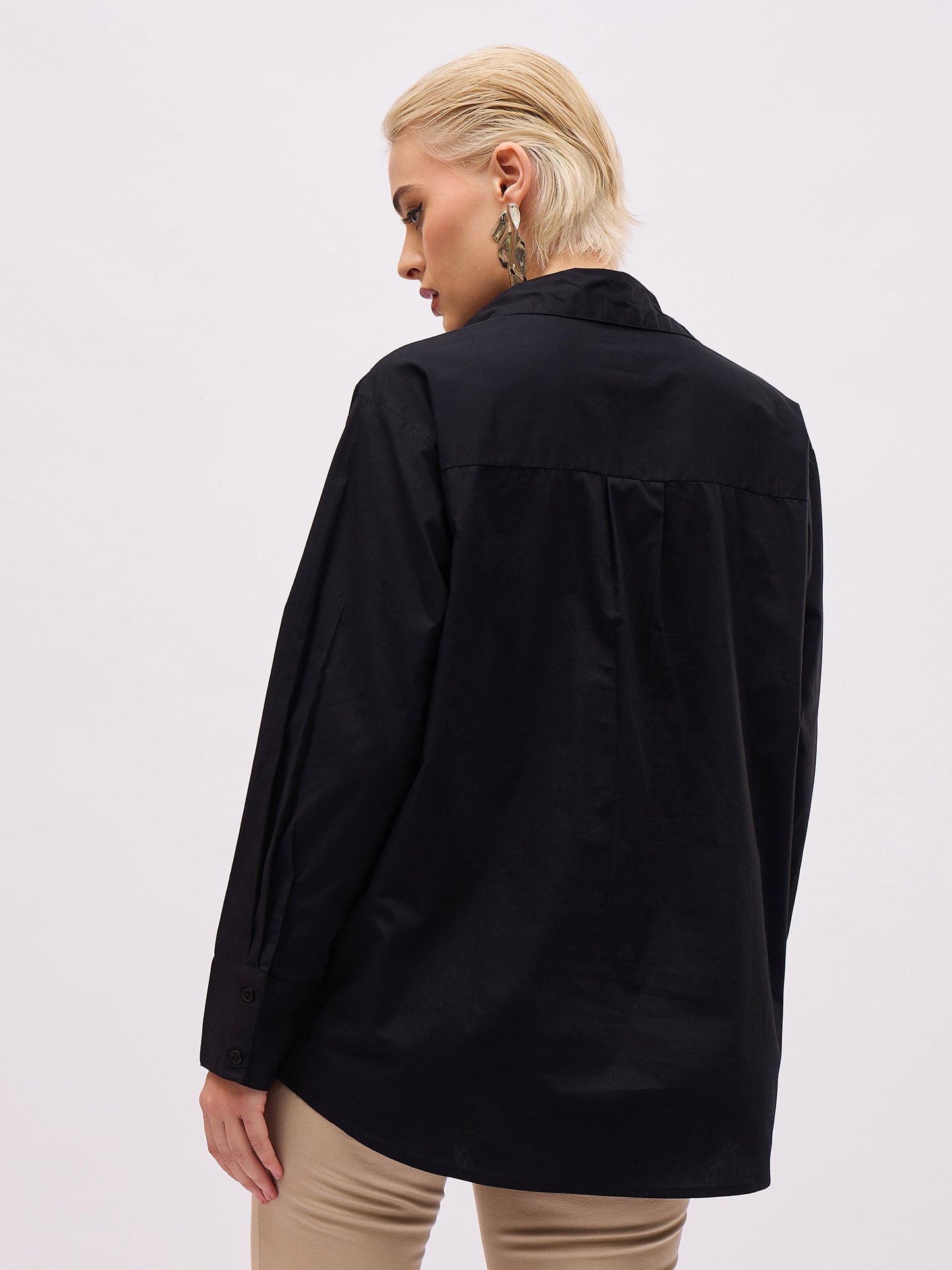 Women Black Pearl Studded Regular Shirt