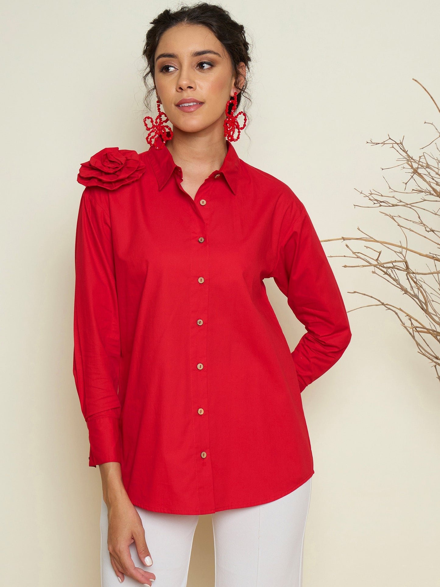 Women Red Poplin Shoulder Corsage Regular Shirt