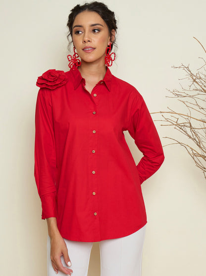 Women Red Poplin Shoulder Corsage Regular Shirt