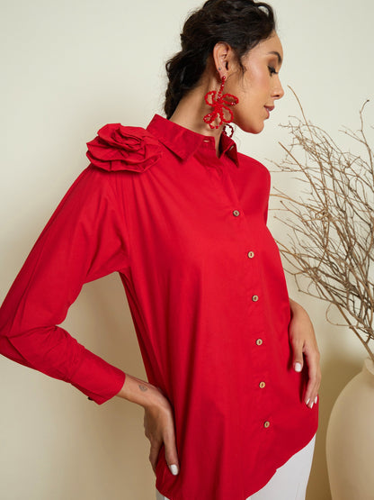Women Red Poplin Shoulder Corsage Regular Shirt