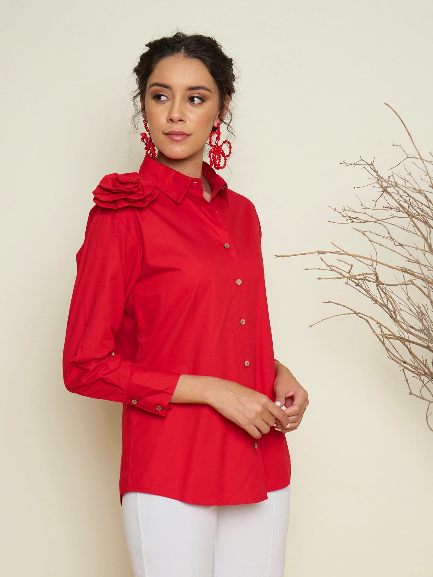 Women Red Poplin Shoulder Corsage Regular Shirt