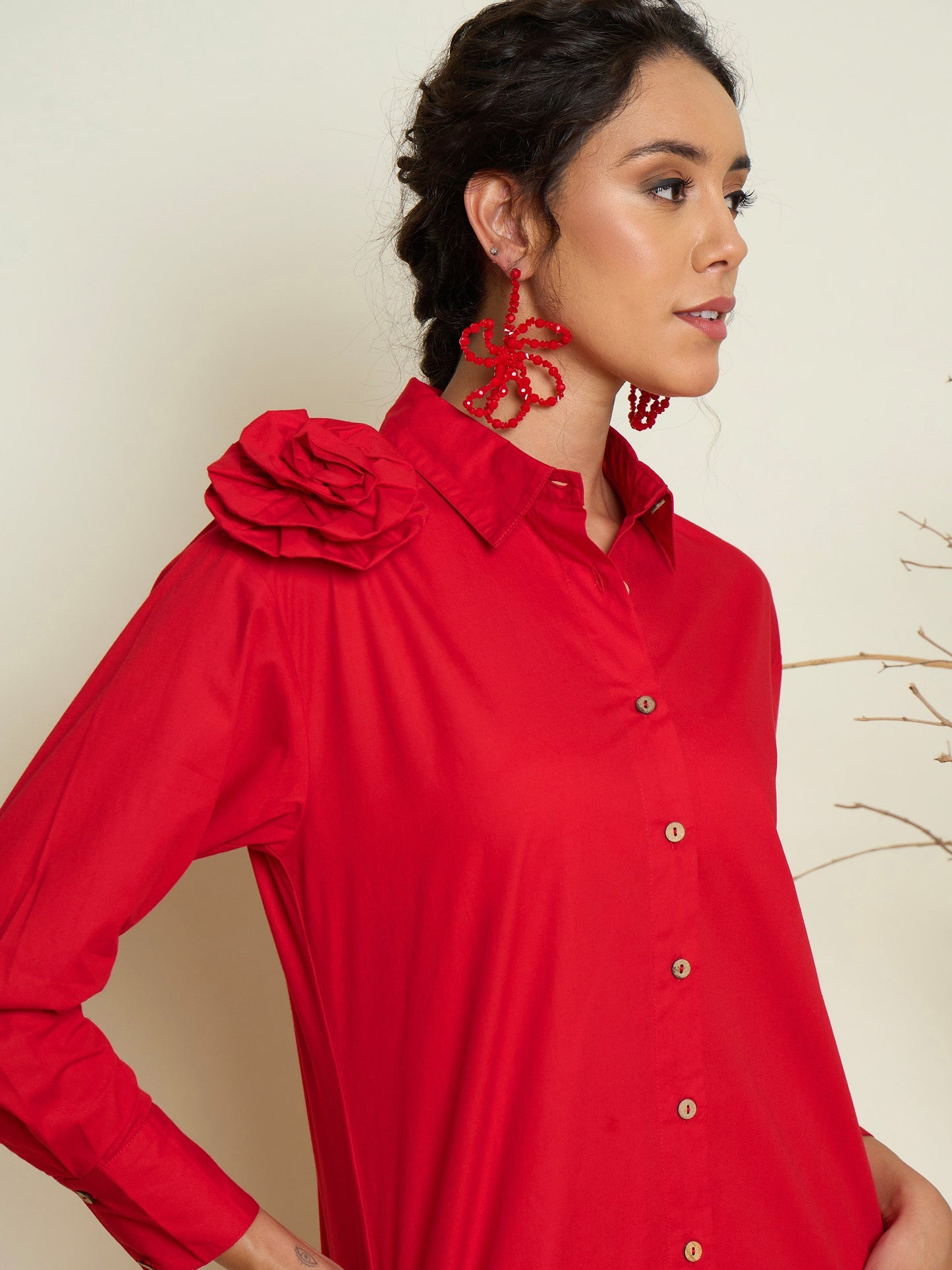 Women Red Poplin Shoulder Corsage Regular Shirt