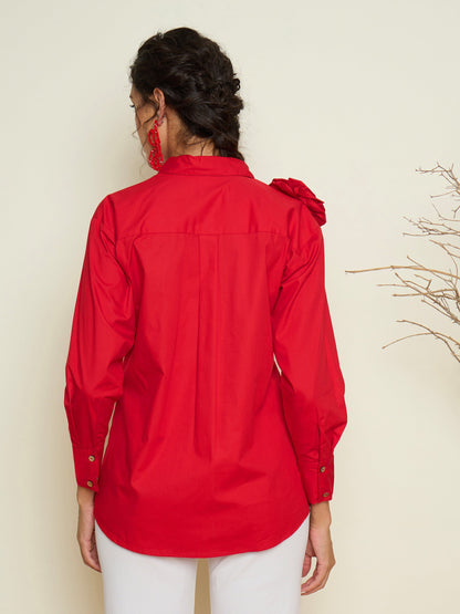 Women Red Poplin Shoulder Corsage Regular Shirt
