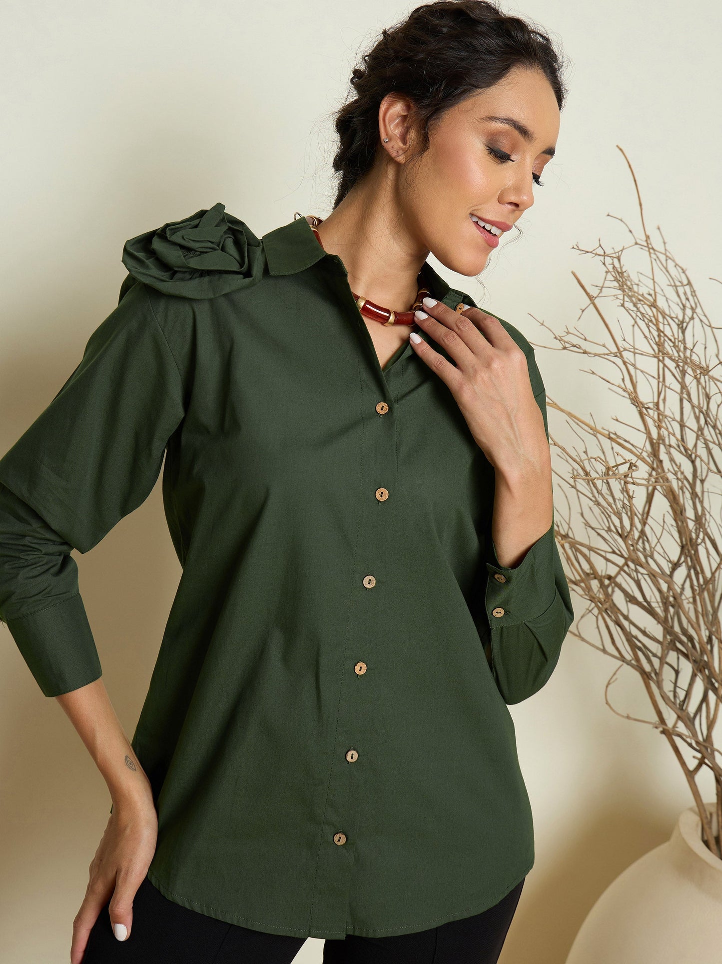 Women Olive Poplin Shoulder Corsage Regular Shirt