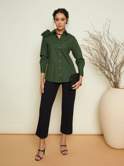 Women Olive Poplin Shoulder Corsage Regular Shirt