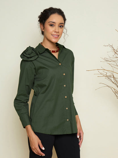 Women Olive Poplin Shoulder Corsage Regular Shirt