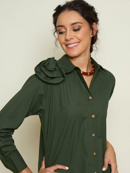 Women Olive Poplin Shoulder Corsage Regular Shirt