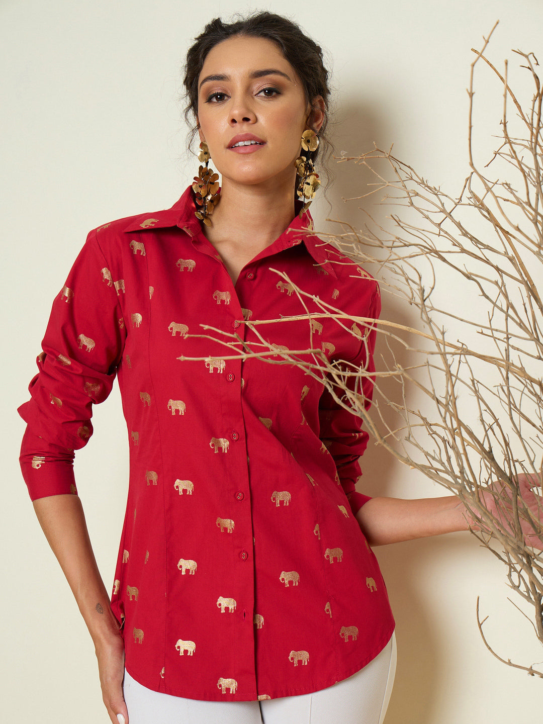 Women Fuchsia Foil Print Shoulder Padded Slim Fit Poplin Shirt