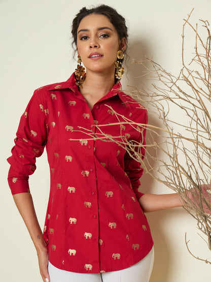 Women Fuchsia Foil Print Shoulder Padded Slim Fit Poplin Shirt