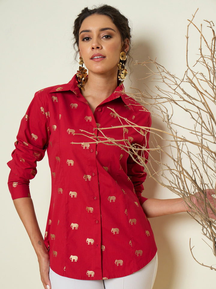 Women Fuchsia Foil Print Shoulder Padded Slim Fit Poplin Shirt