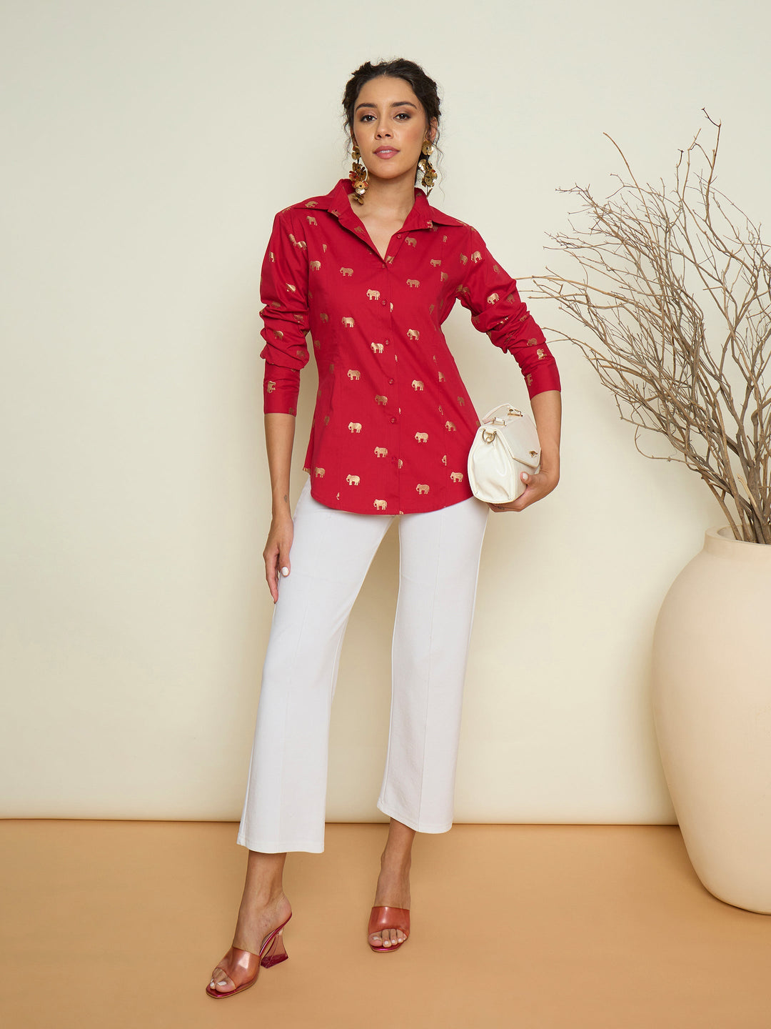 Women Fuchsia Foil Print Shoulder Padded Slim Fit Poplin Shirt