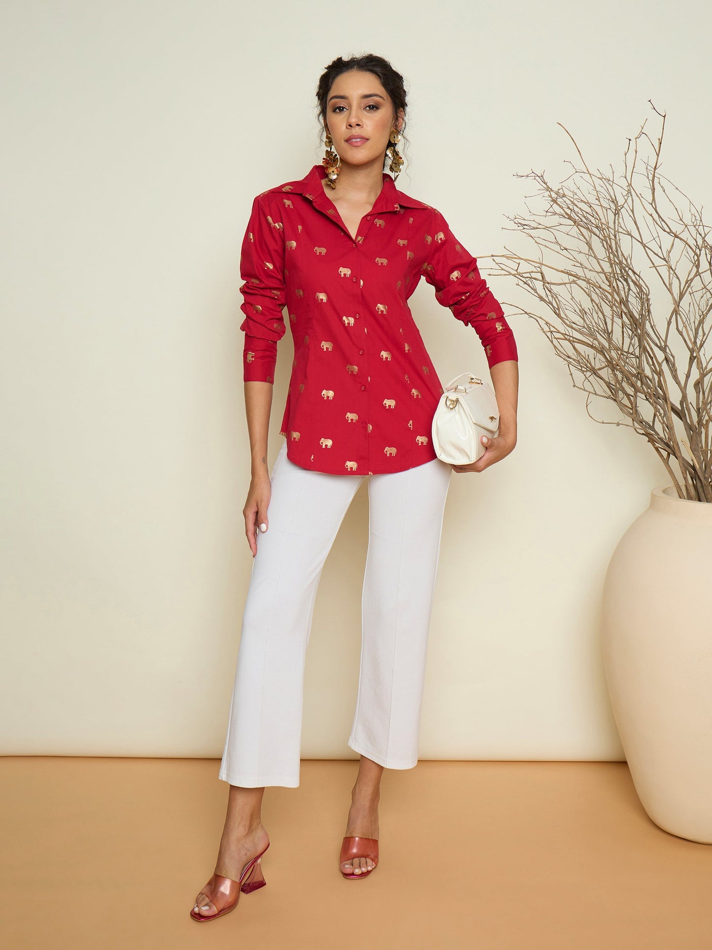 Women Fuchsia Foil Print Shoulder Padded Slim Fit Poplin Shirt