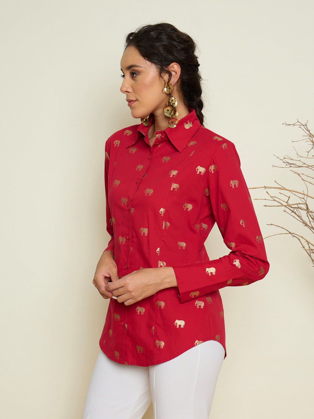 Women Fuchsia Foil Print Shoulder Padded Slim Fit Poplin Shirt