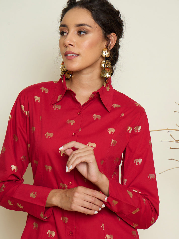 Women Fuchsia Foil Print Shoulder Padded Slim Fit Poplin Shirt
