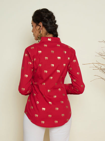 Women Fuchsia Foil Print Shoulder Padded Slim Fit Poplin Shirt