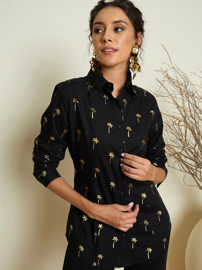 Women Black Foil Print Shoulder Padded Slim Fit Poplin Shirt