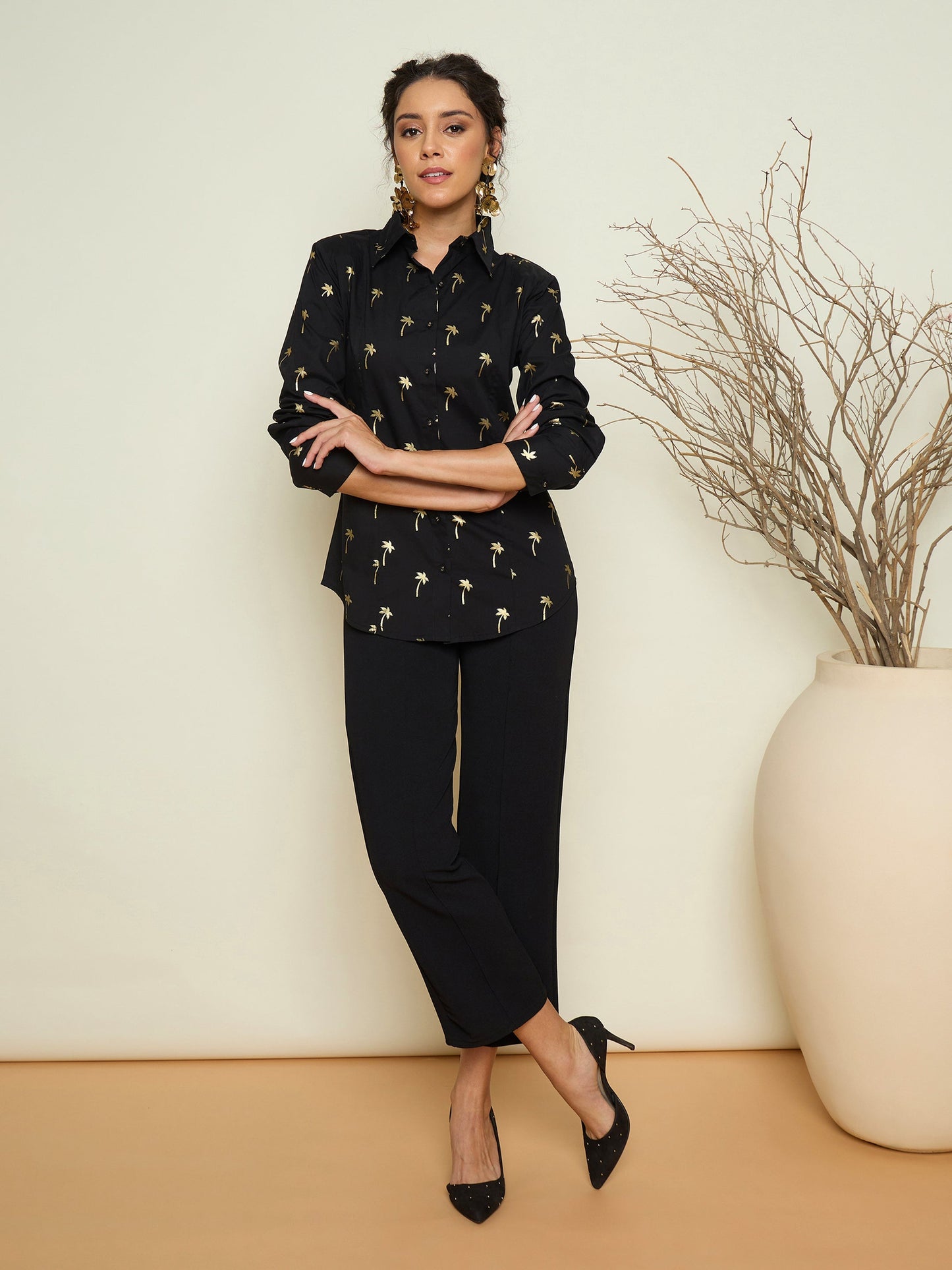Women Black Foil Print Shoulder Padded Slim Fit Poplin Shirt
