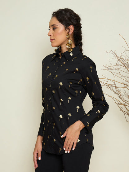 Women Black Foil Print Shoulder Padded Slim Fit Poplin Shirt
