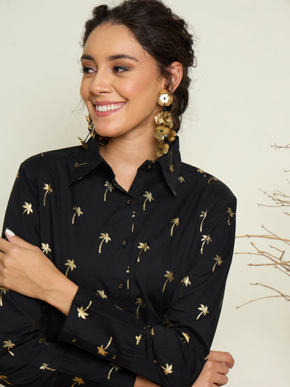 Women Black Foil Print Shoulder Padded Slim Fit Poplin Shirt