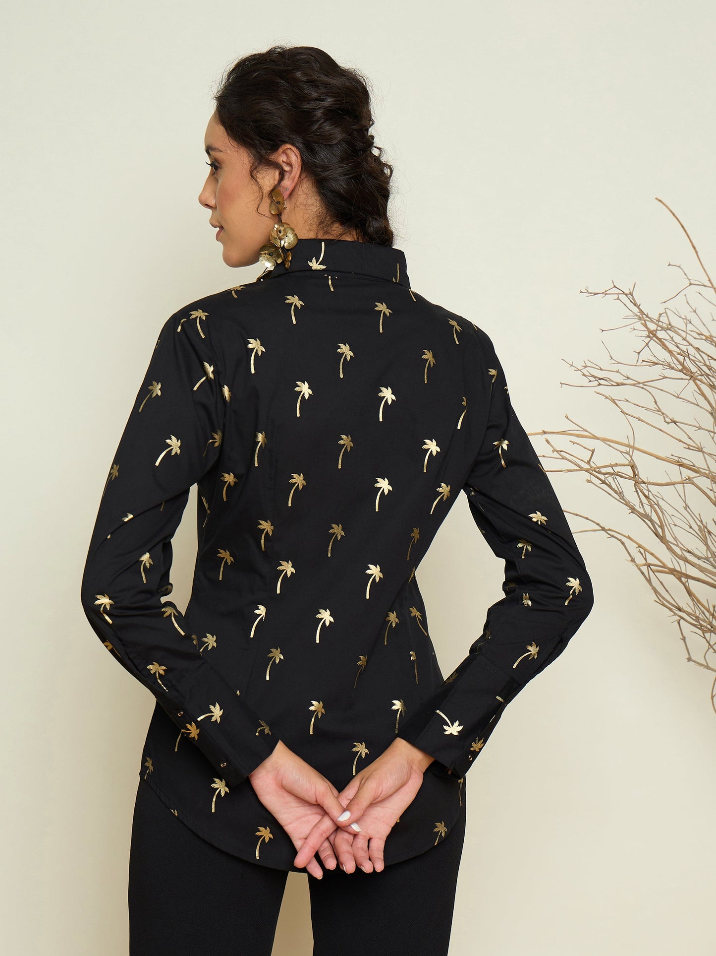 Women Black Foil Print Shoulder Padded Slim Fit Poplin Shirt