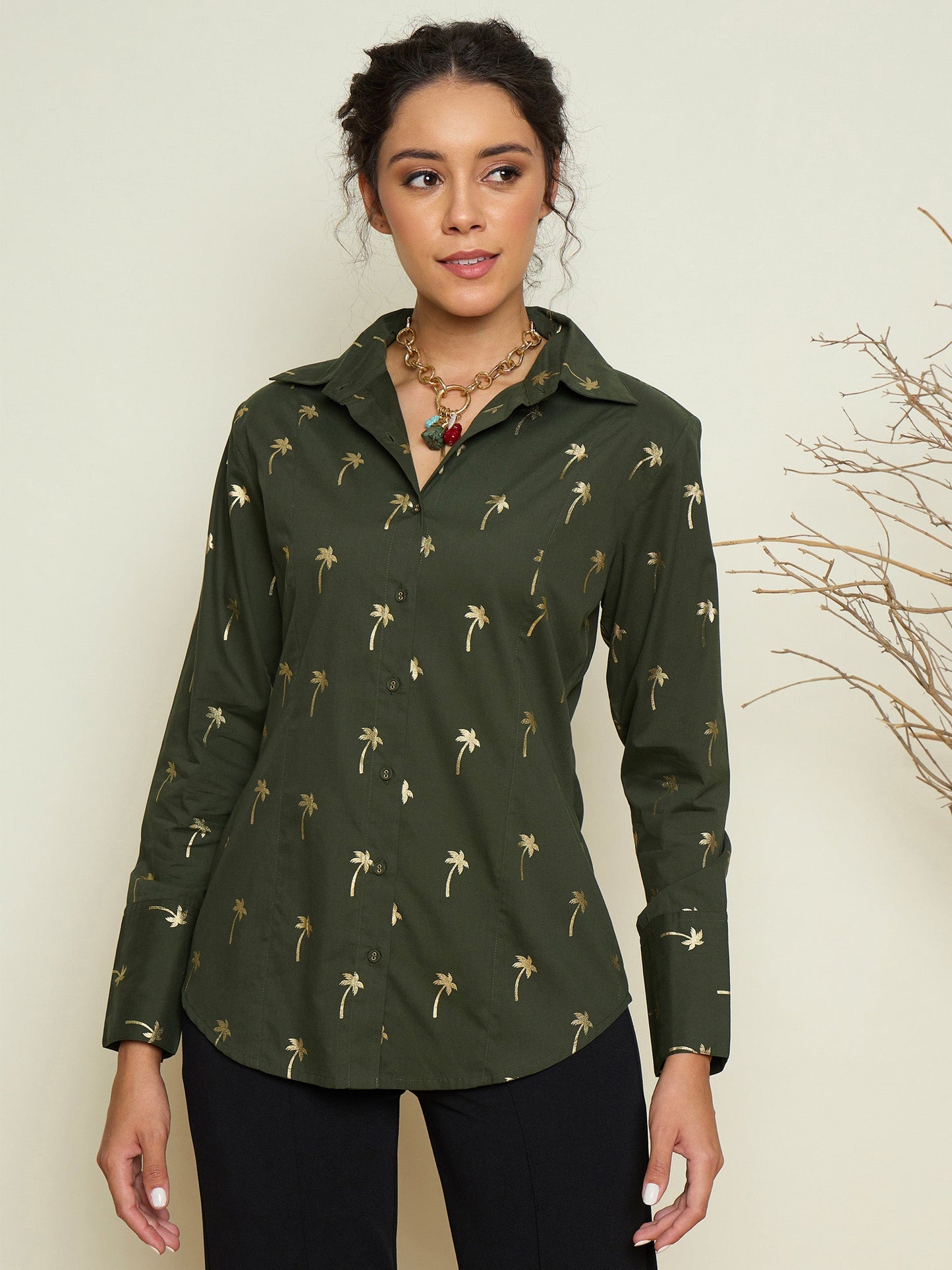 Women Olive Foil Print Shoulder Padded Slim Fit Poplin Shirt