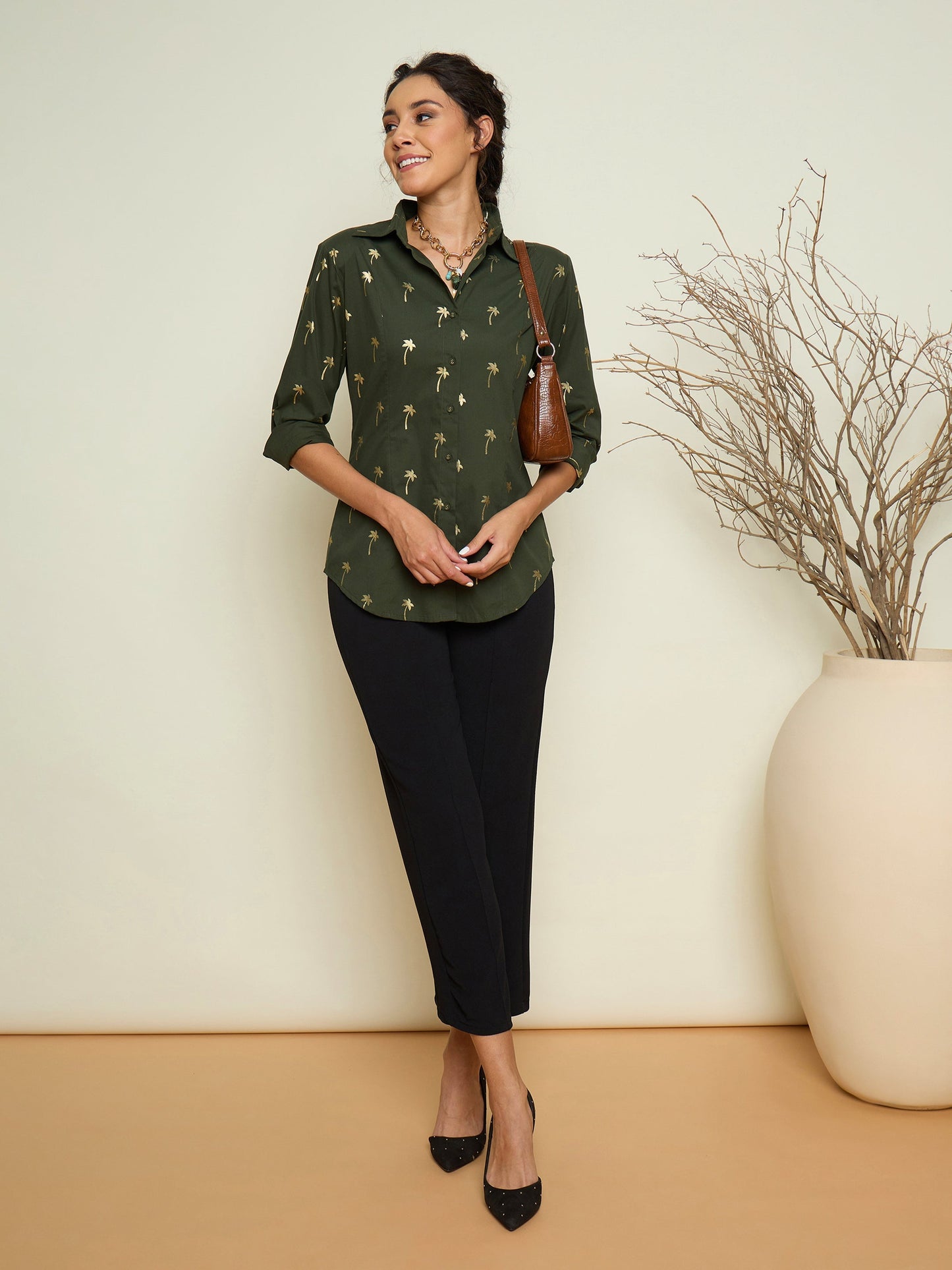 Women Olive Foil Print Shoulder Padded Slim Fit Poplin Shirt