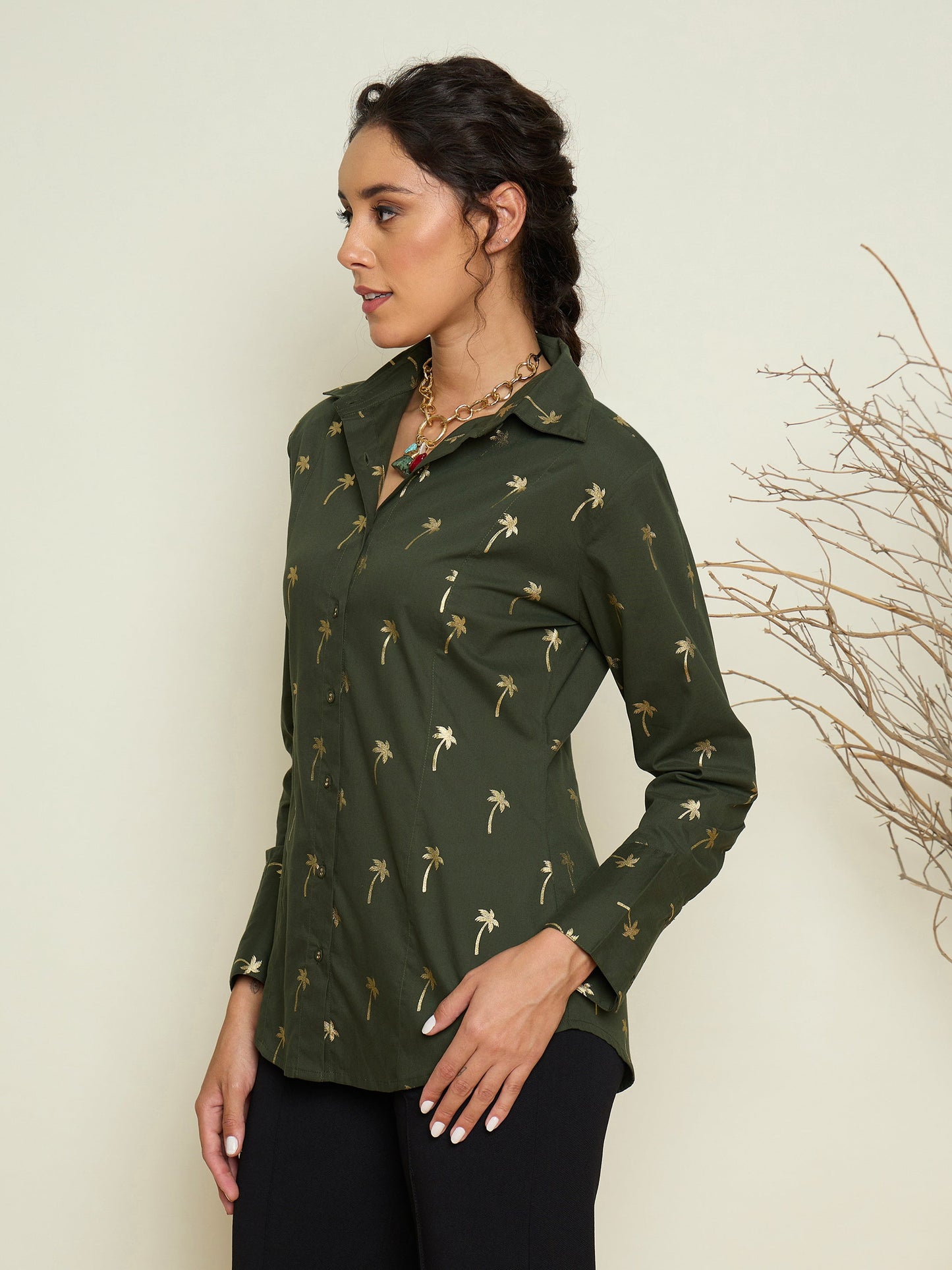 Women Olive Foil Print Shoulder Padded Slim Fit Poplin Shirt