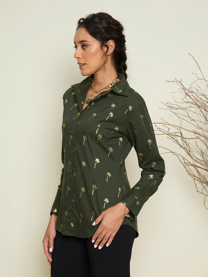 Women Olive Foil Print Shoulder Padded Slim Fit Poplin Shirt