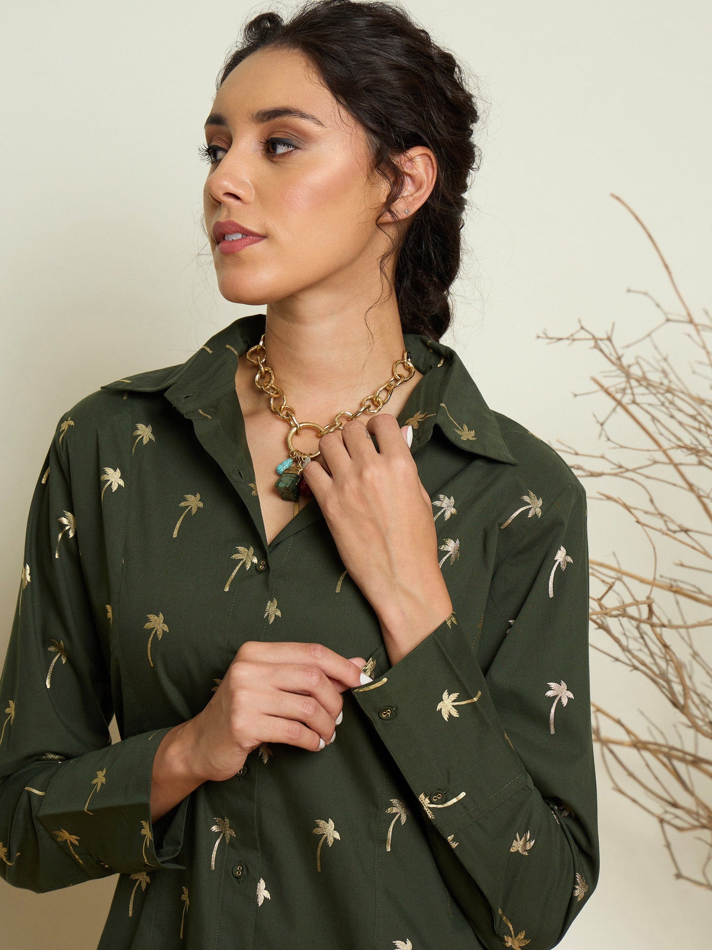 Women Olive Foil Print Shoulder Padded Slim Fit Poplin Shirt