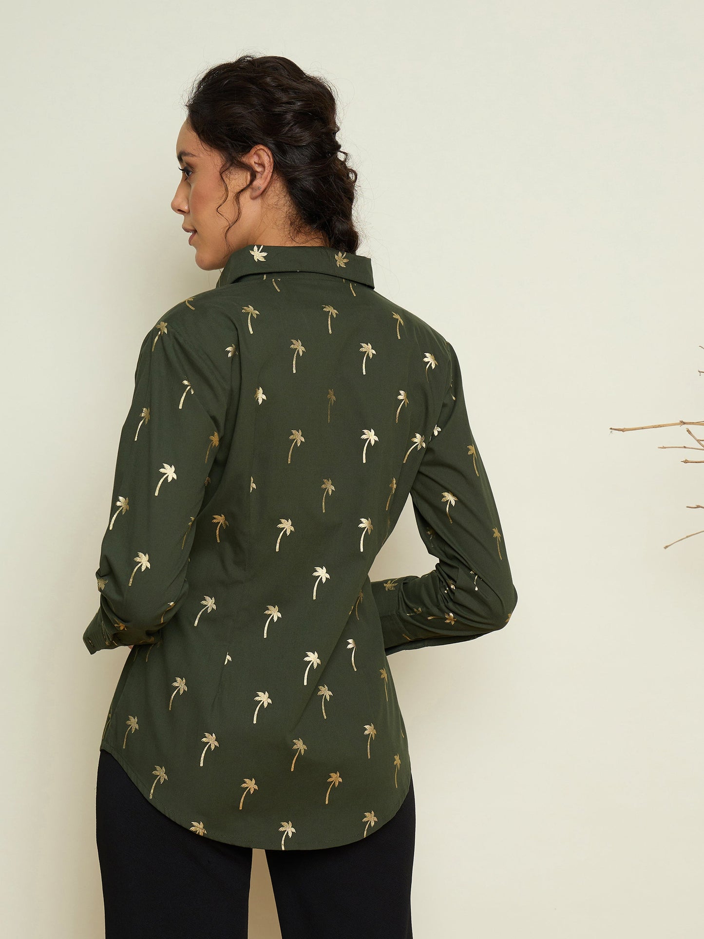 Women Olive Foil Print Shoulder Padded Slim Fit Poplin Shirt
