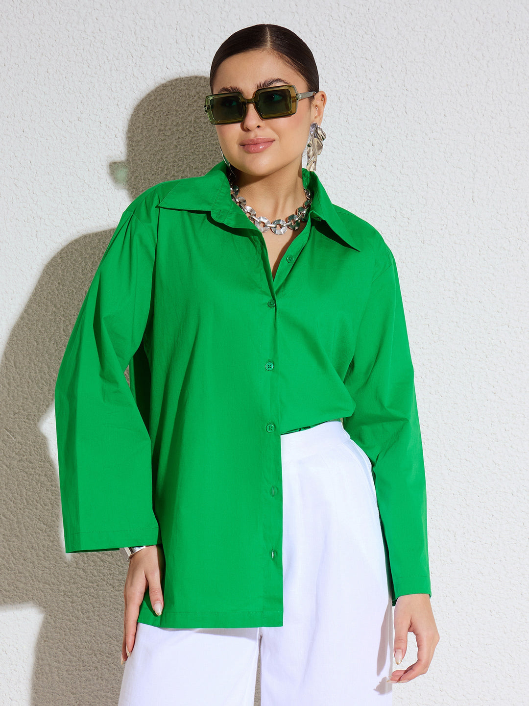 Women Green Poplin Full Sleeves Oversize Shirt