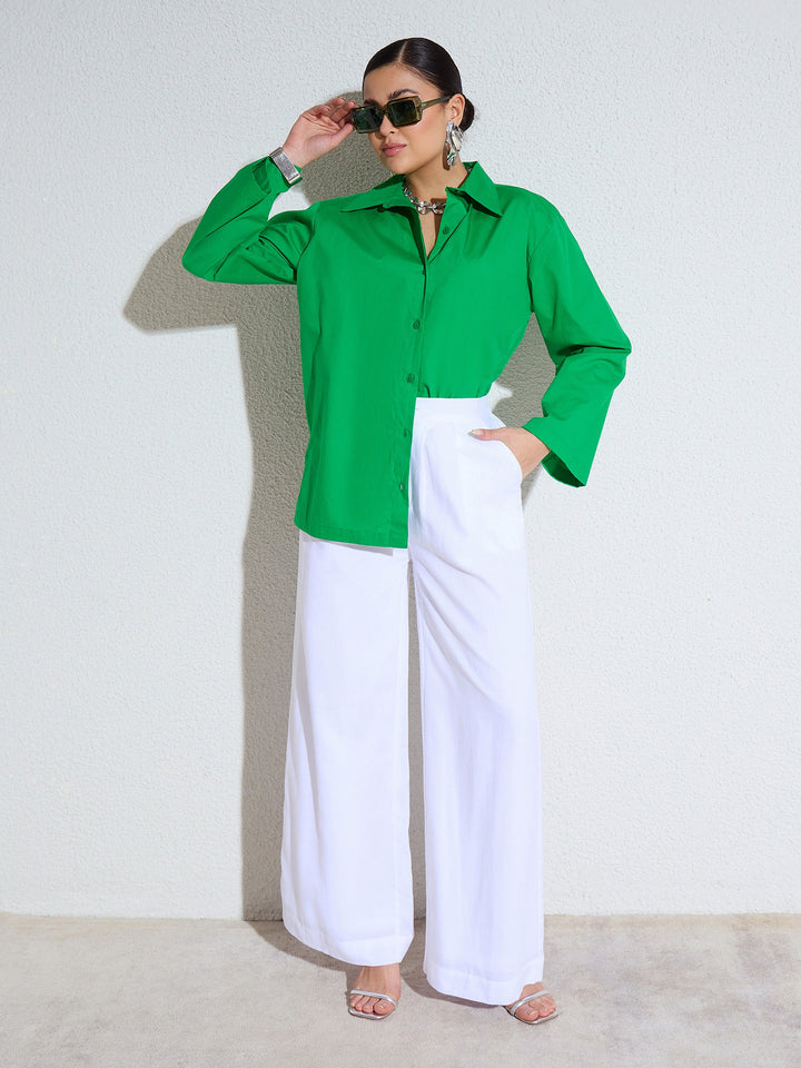 Women Green Poplin Full Sleeves Oversize Shirt