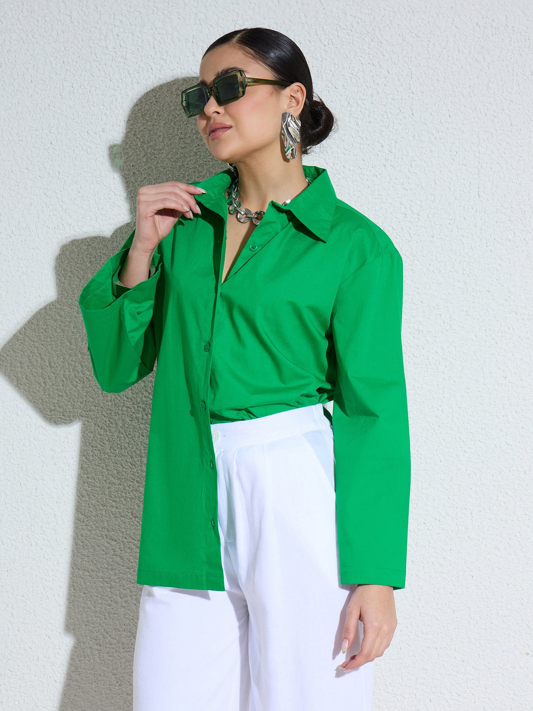 Women Green Poplin Full Sleeves Oversize Shirt
