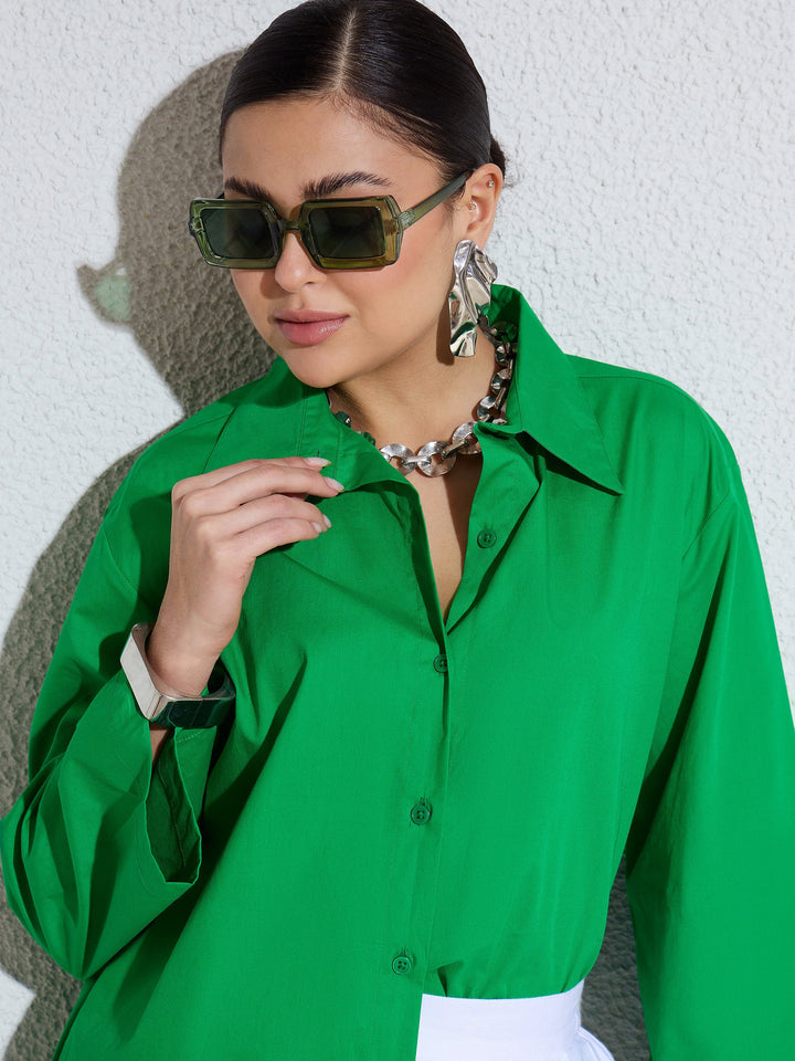 Women Green Poplin Full Sleeves Oversize Shirt