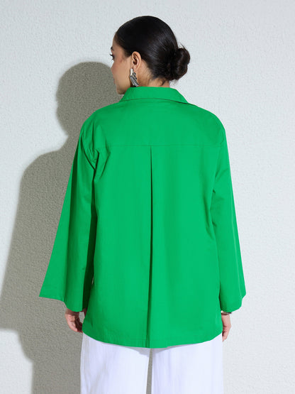 Women Green Poplin Full Sleeves Oversize Shirt