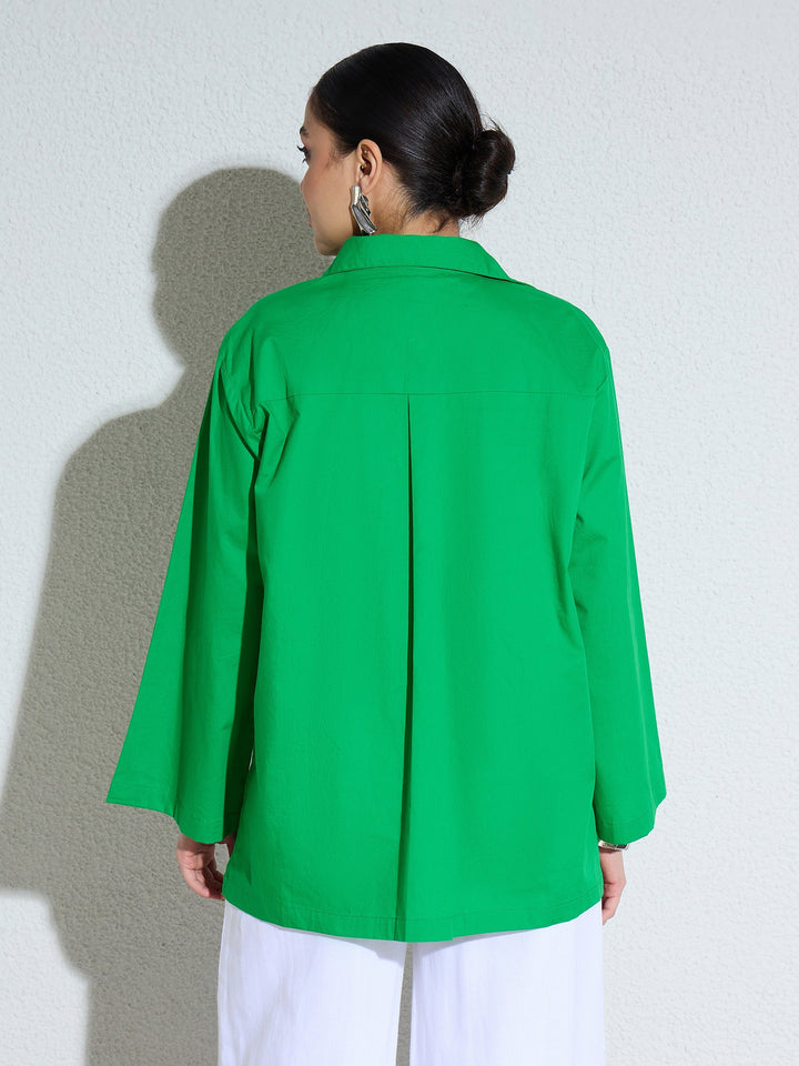 Women Green Poplin Full Sleeves Oversize Shirt