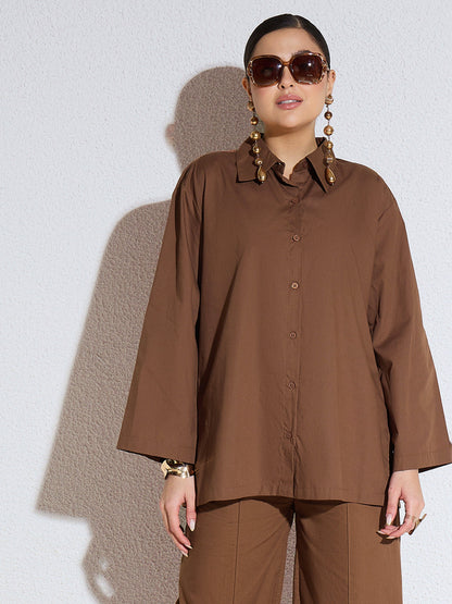 Women Brown Poplin Full Sleeves Oversize Shirt