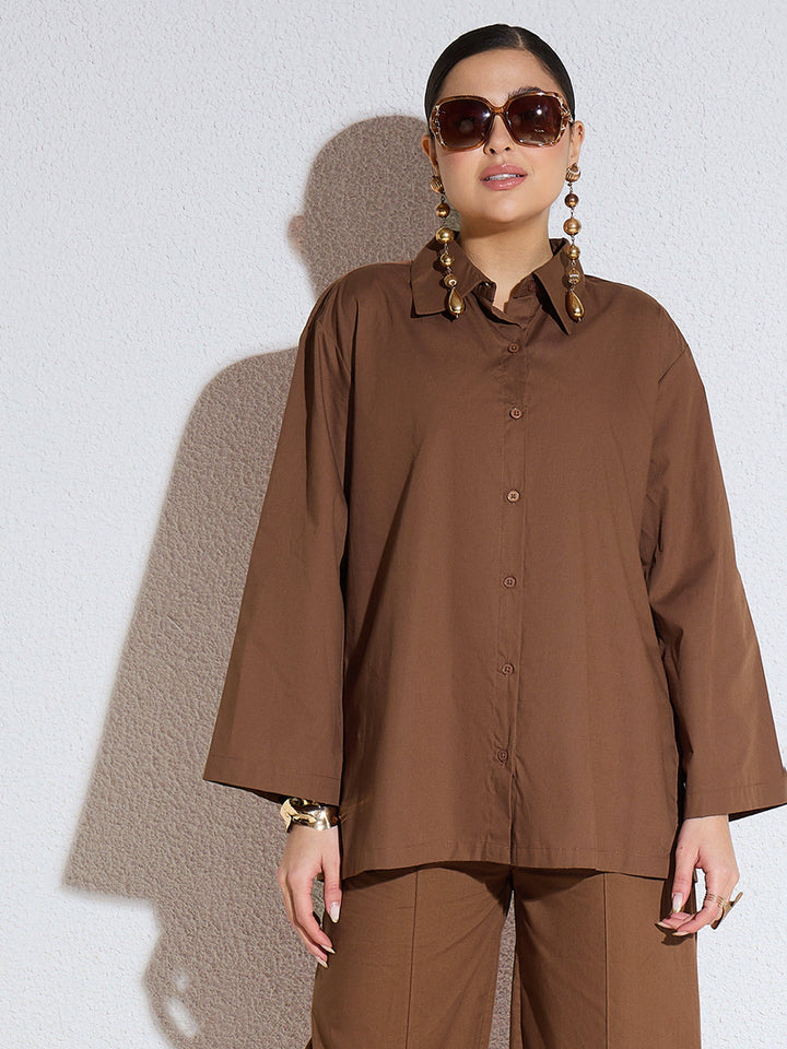Women Brown Poplin Full Sleeves Oversize Shirt