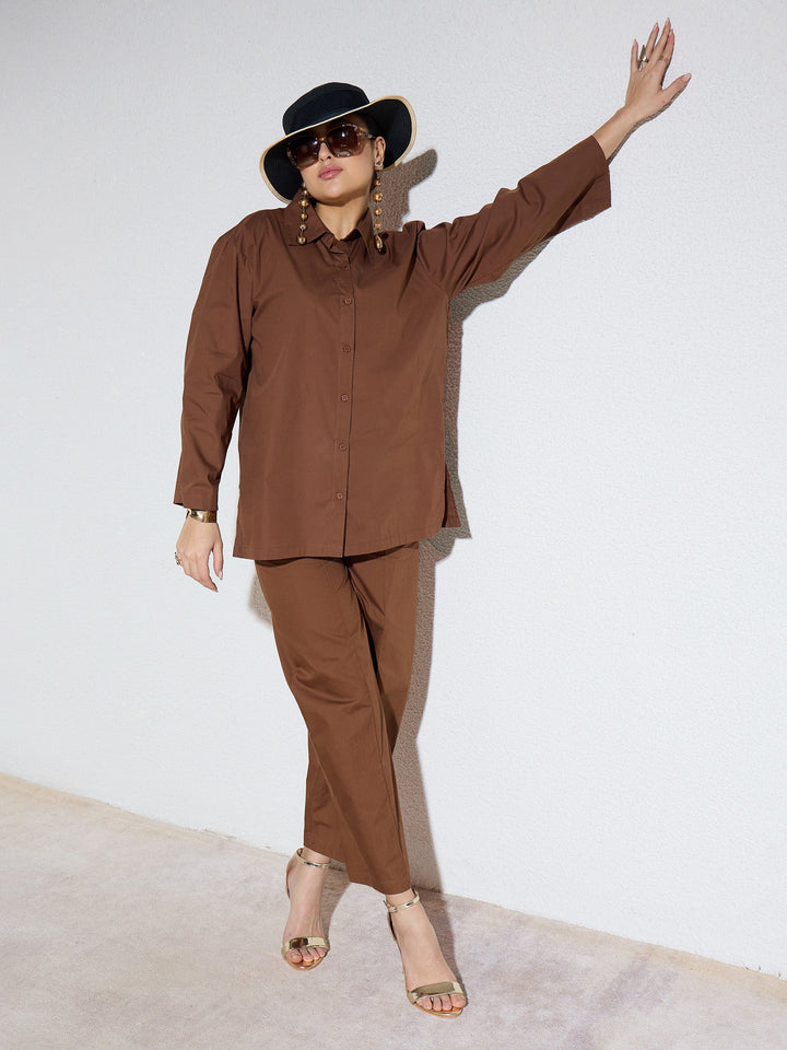 Women Brown Poplin Full Sleeves Oversize Shirt
