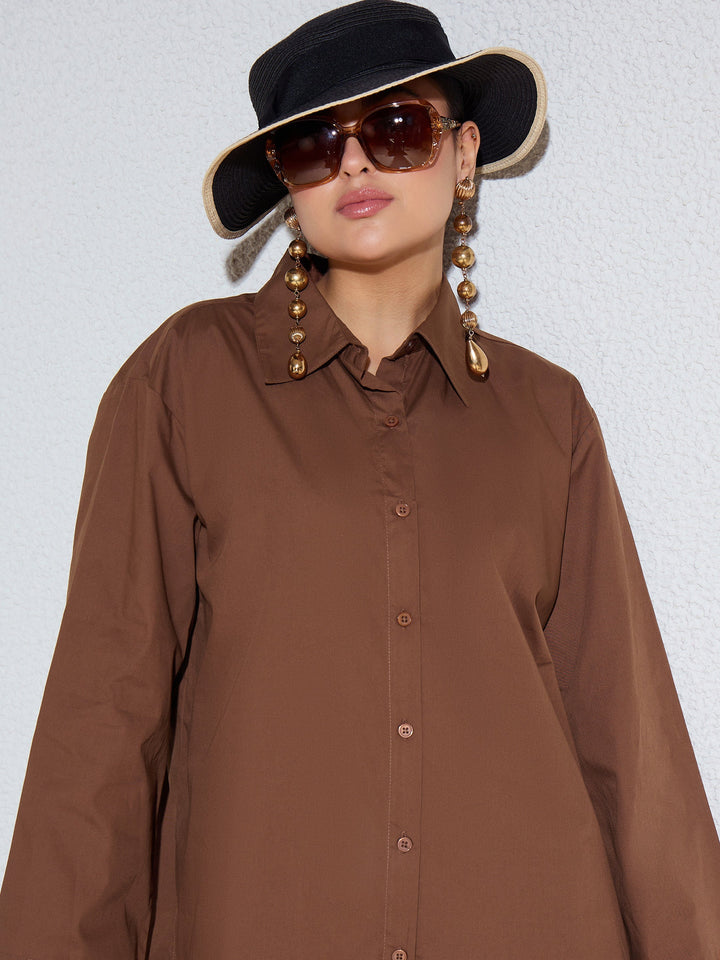 Women Brown Poplin Full Sleeves Oversize Shirt