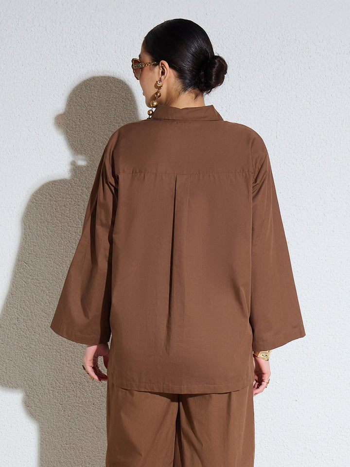 Women Brown Poplin Full Sleeves Oversize Shirt