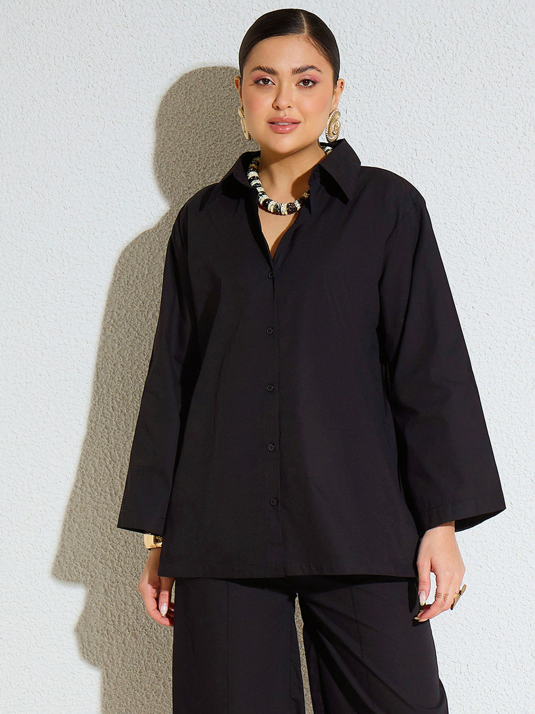 Women Black Poplin Full Sleeves Oversize Shirt